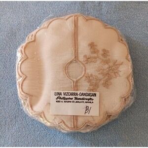 New Set 12 Vintage Glass Slipper Coasters  Ecru Embroidery Unused NIP
